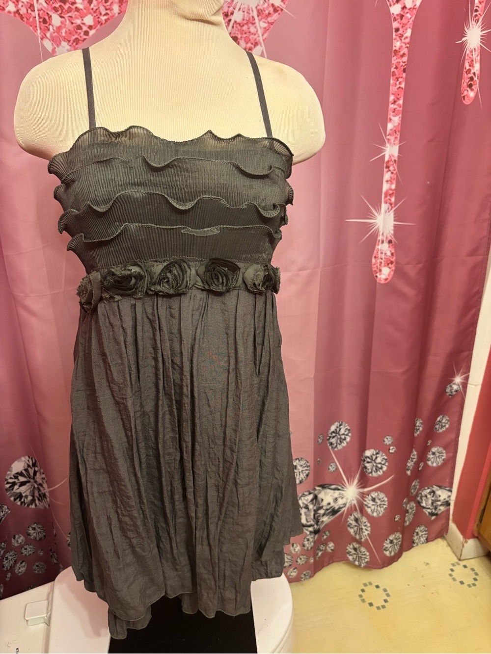 Ruffled Spaghetti-Strap Mini Dress in Charcoal